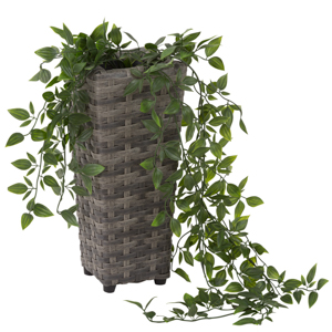 Jardinière tissée grise avec du lierre vert rampant ou une plante similaire. Grande forme cylindrique avec extérieur texturé, conçue pour une utilisation en intérieur ou en extérieur.