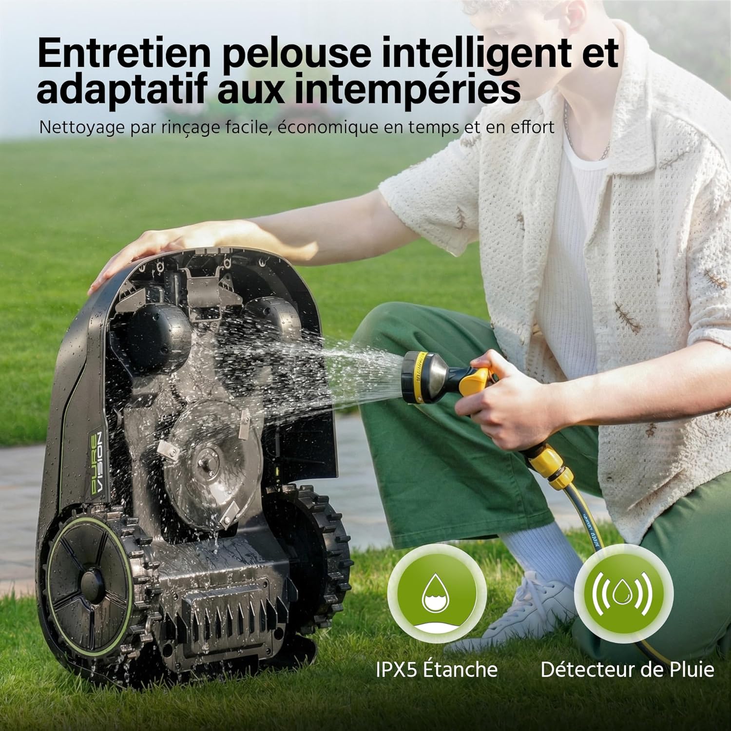 Suntek - robot tondeuse IA Vision - 500m² - pente 35°, IPX5, app, garage