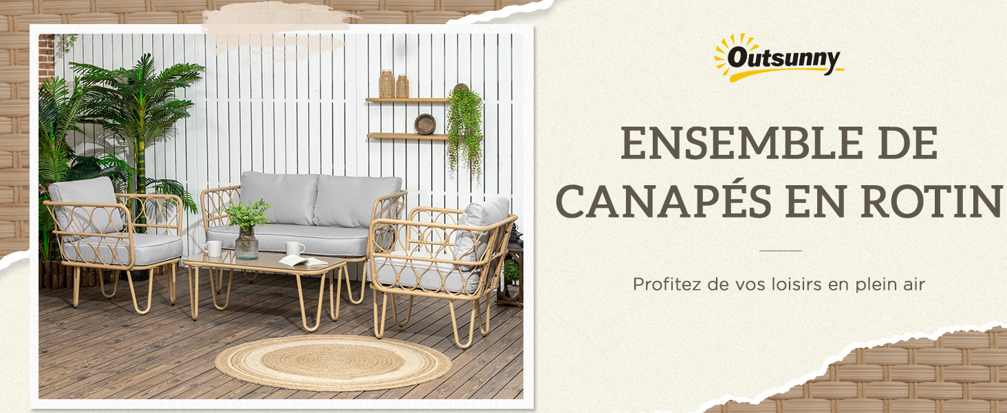 comprenant des chaises et une table sur une terrasse en bois. Le texte en français le décrit comme un ensemble de canapés en rotin pour profiter du plein air