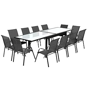 Salon de jardin extensible table 135 à 270 cm et 12 chaises gris foncé MADRID